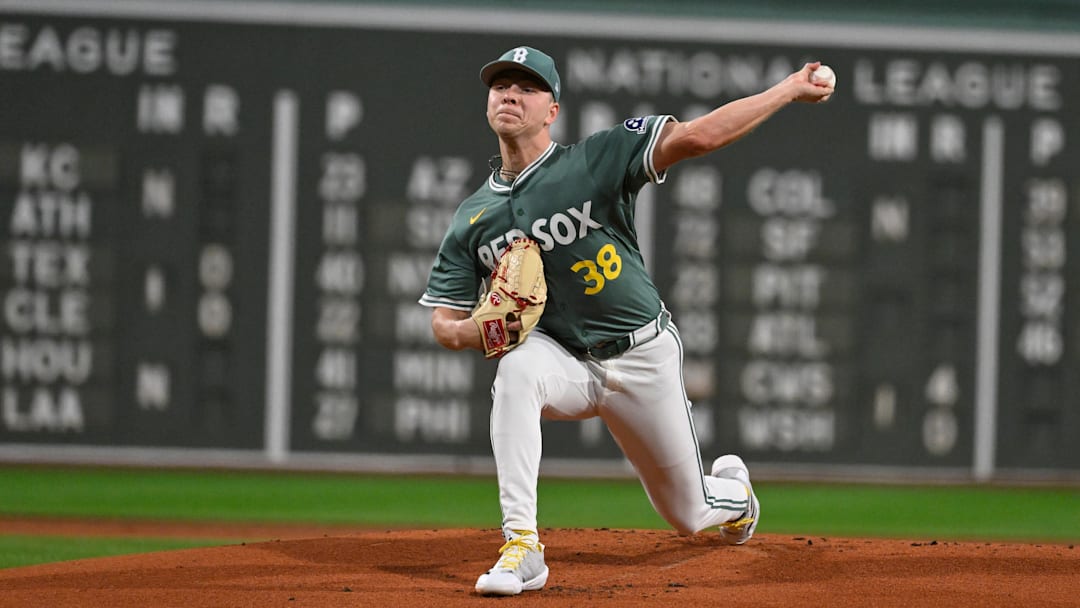 Sep 26, 2025; Boston, Massachusetts, USA; Boston Red Sox starting pitcher Kyle Harrison (38) pitches against the Detroit Tigers during the first inning at Fenway Park. Mandatory Credit: Eric Canha-Imagn Images