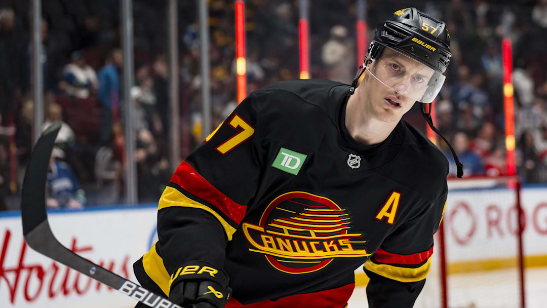 Jan 3, 2026; Vancouver, British Columbia, CAN; Vancouver Canucks defenseman Tyler Myers (57) skates in warm up prior to a game against the Boston Bruins at Rogers Arena. Mandatory Credit: Bob Frid-Imagn Images