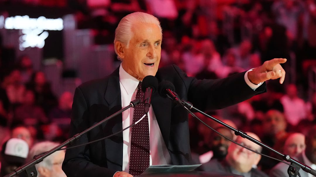 Oct 23, 2024; Miami, Florida, USA;  Miami Heat president Pat Riley addresses the crowd during the Pat Riley Court dedication ceremony at halftime at Kaseya Center. Mandatory Credit: Jim Rassol-Imagn Images