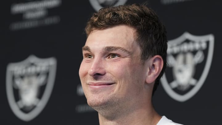 Las Vegas Raiders quarterback Fernando Mendoza speaks during a news conference.