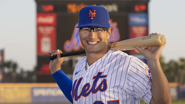 Feb 23, 2023; Port St. Lucie, FL, USA;  New York Mets catcher Kevin Parada poses for a picture during the New York Mets media photo day at Clover Field. Mandatory Credit: Reinhold Matay-Imagn Images