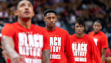 Feb 21, 2025; Toronto, Ontario, CAN; Toronto Raptors guard RJ Barrett (9) warms up before playing the Miami Heat at Scotiabank Arena. Mandatory Credit: Kevin Sousa-Imagn Images