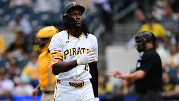 May 4, 2025; Pittsburgh, Pennsylvania, USA; Pittsburgh Pirates center fielder Oneil Cruz (15) walks to the dugout after striking out during the third inning against the San Diego Padres at PNC Park. Mandatory Credit: David Dermer-Imagn Images