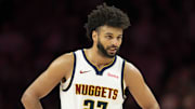 Nov 15, 2025; Minneapolis, Minnesota, USA; Denver Nuggets guard Jamal Murray (27) looks on against the Minnesota Timberwolves in the second half at Target Center.