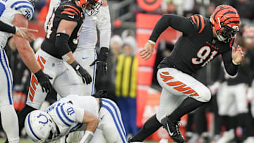 Dec 10, 2023; Cincinnati, Ohio, USA; Cincinnati Bengals defensive end Trey Hendrickson (91) runs back to the sideline after sacking Indianapolis Colts quarterback Gardner Minshew II (10) at Paycor Stadium. Mandatory Credit: Jenna Watson-Imagn Images