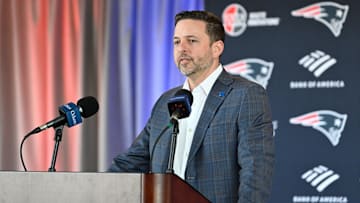 Mar 13, 2025; Foxborough, MA, USA; New England Patriots executive vice president of player personnel Eliot Wolf  discusses the teamís recent free agent additions with the media at Gillette Stadium. Mandatory Credit: Eric Canha-Imagn Images