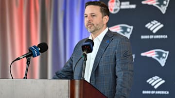 New England Patriots executive vice president of player personnel Eliot Wolf discusses the teamís recent free agent additions with the media at Gillette Stadium. Mandatory Credit: Eric Canha-Imagn Images