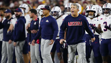 Arizona head coach Brent Brennan celebrates during a game against Arizona State at Mountain America Stadium in Tempe on Nov. 28, 2025.