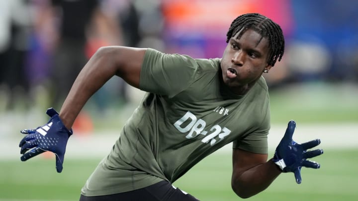 Mar 1, 2024; Indianapolis, IN, USA; Georgia defensive back Kamari Lassiter (DB23) works out during the 2024 NFL Combine at Lucas Oil Stadium. Mandatory Credit: Kirby Lee-USA TODAY Sports