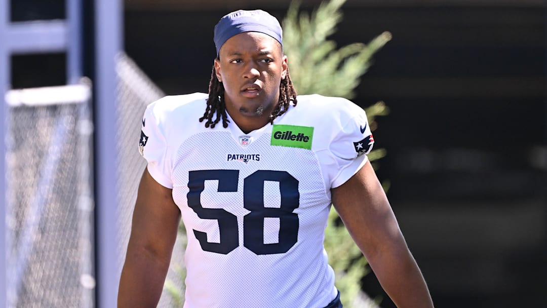 Jul 28, 2025; Foxborough, MA, USA; New England Patriots center Jared Wilson (58) heads to the practice fields for training camp at Gillette Stadium. Mandatory Credit: Eric Canha-Imagn Images