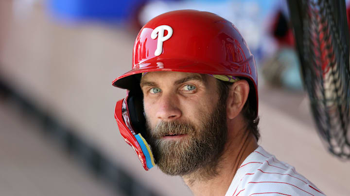 Mar 19, 2025; Clearwater, Florida, USA;  Philadelphia Phillies first base Bryce Harper (3) looks on against the New York Yankees at BayCare Ballpark. Mandatory Credit: Kim Klement Neitzel-Imagn Images