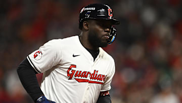 Oct 17, 2024; Cleveland, Ohio, USA; Cleveland Guardians outfielder Jhonkensy Noel (43) rounds the bases after a home run during the ninth inning against the New York Yankees in game 3 of the American League Championship Series at Progressive Field. Mandatory Credit: Ken Blaze-Imagn Images