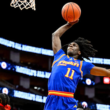 Apr 2, 2024; Houston, TX, USA; McDonald's All American East forward Ian Jackson (11) dunks the ball during the first half against the McDonald's All American West at Toyota Center. Mandatory Credit: Maria Lysaker-Imagn Images