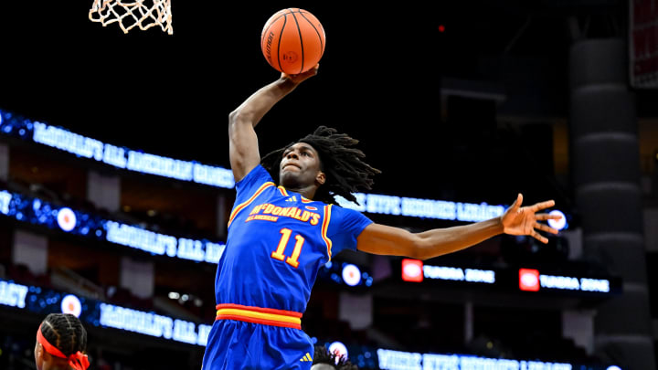 Apr 2, 2024; Houston, TX, USA; McDonald's All American East forward Ian Jackson (11) dunks the ball during the first half against the McDonald's All American West at Toyota Center. Mandatory Credit: Maria Lysaker-USA TODAY Sports