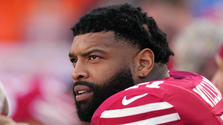 Nov 19, 2023; Santa Clara, California, USA; San Francisco 49ers offensive tackle Trent Williams (71) during the second quarter against the Tampa Bay Buccaneers at Levi's Stadium. Mandatory Credit: Darren Yamashita-USA TODAY Sports