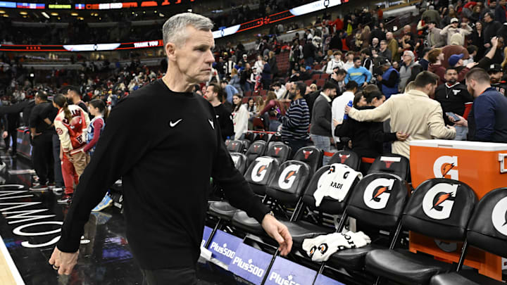 Apr 10, 2026; Chicago, Illinois, USA;  Chicago Bulls Head Coach Billy Donovan leaves the court after the game against the Orlando Magic  at the United Center. Mandatory Credit: Matt Marton-Imagn Images
