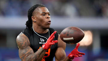 Ohio State running back Quinshon Judkins (RB18) during the 2025 NFL Combine at Lucas Oil Stadium. 