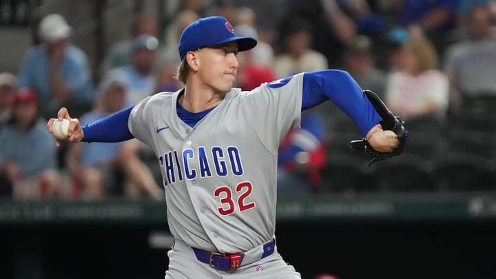 May 8, 2026; Arlington, Texas, USA;  Chicago Cubs pitcher Ben Brown (32) throws to the plate during the first inning against the Texas Rangers at Globe Life Field. Mandatory Credit: Raymond Carlin III-Imagn Images