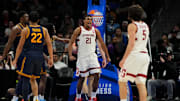 Mar 12, 2025; Charlotte, NC, USA; Stanford Cardinal guard Jaylen Blakes (21) reacts in the second half at Spectrum Center. Mandatory Credit: Bob Donnan-Imagn Images