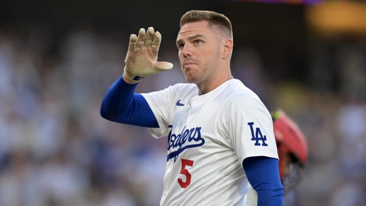 Los Angeles Dodgers first baseman Freddie Freeman (5) acknowledges the crowd as he got a standing ovation as he approached the plate for his first at-bat against the Philadelphia Phillies at Dodger Stadium.