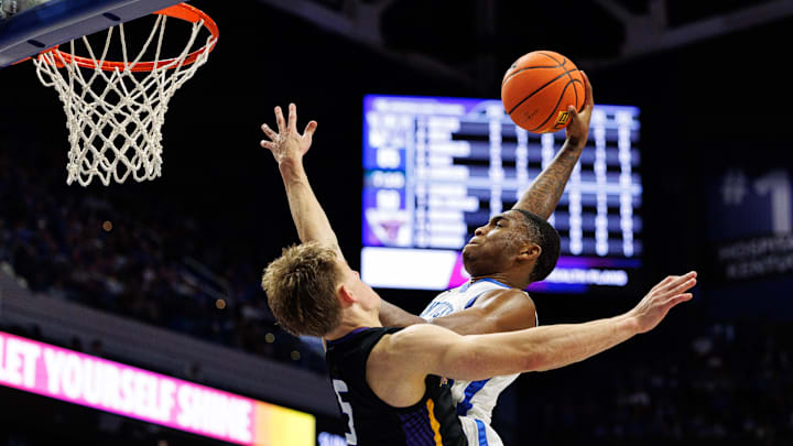 Oct 29, 2024; Lexington, KY, USA; Kentucky Wildcats forward Brandon Garrison (10) dunks the ball over Minnesota State Mavericks guard Harrison Braudis (5) during the second half at Rupp Arena. Mandatory Credit: Jordan Prather-Imagn Images