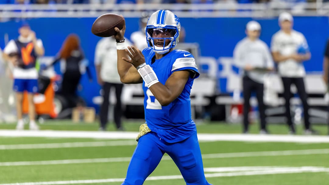 Nov 17, 2024; Detroit, Michigan, USA; Detroit Lions quarterback Hendon Hooker (2) passes the ball against the Jacksonville Jaguars during the second half at Ford Field. Mandatory Credit: David Reginek-Imagn Images