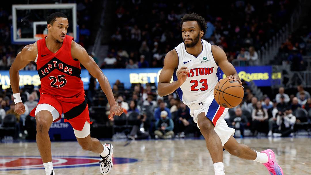 Oct 16, 2026; Detroit, Michigan, USA; Detroit Pistons guard Ebuka Okorie (23) dribbles defended by Toronto Raptors guard Nimari Burnett (25) in the second half at Little Caesars Arena. Mandatory Credit: Rick Osentoski-Imagn Images Oct 16, 2026; Detroit, Michigan, USA; Detroit Pistons guard Ebuka Okorie (23) dribbles defended by Toronto Raptors guard Nimari Burnett (25) in the second half at Little Caesars Arena. Mandatory Credit: Rick Osentoski-Imagn Images