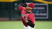 Jul 28, 2024; Phoenix, Arizona, USA; Arizona Diamondbacks pitcher Yilber Diaz (45) pitches against the Pittsburgh Pirates during the first inning at Chase Field. Mandatory Credit: Joe Camporeale-Imagn Images