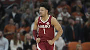 Feb 11, 2025; Austin, Texas, USA; Alabama Crimson Tide guard Mark Sears (1) reacts after scoring a three point basket during the first half against the Alabama Crimson Tide at Moody Center. Mandatory Credit: Scott Wachter-Imagn Images