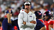 Aug 30, 2025; Oxford, Mississippi, USA; Mississippi Rebels head coach Lane Kiffin looks on during the fourth quarter against the Georgia State Panthers at Vaught-Hemingway Stadium. Mandatory Credit: Petre Thomas-Imagn Images