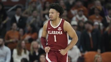 Feb 11, 2025; Austin, Texas, USA; Alabama Crimson Tide guard Mark Sears (1) reacts after scoring a three point basket during the first half against the Alabama Crimson Tide at Moody Center. Mandatory Credit: Scott Wachter-Imagn Images