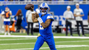 Nov 17, 2024; Detroit, Michigan, USA; Detroit Lions quarterback Hendon Hooker (2) passes the ball against the Jacksonville Jaguars during the second half at Ford Field. Mandatory Credit: David Reginek-Imagn Images
