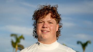 (#43) Breck Kolojay, OL, 6'6, 317 pounds, for the white team, Class of 2026, during IMG's Academy Pro Day held at IMG's football field in Bradenton, FL on Thursday, Feb, 27, 2025.