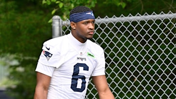 Jun 9, 2025; Foxborough, MA, USA; New England Patriots wide receiver Javon Baker (6) walks to the practice fields at Gillette Stadium. Mandatory Credit: Eric Canha-Imagn Images