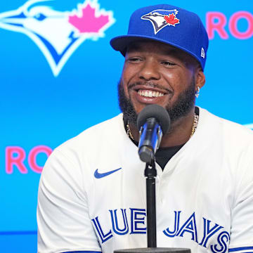 Guerrero Jr. speaks to the media. 