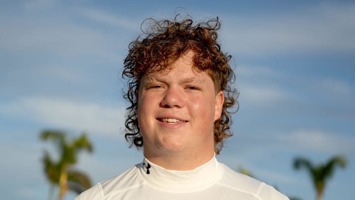 (#43) Breck Kolojay, OL, 6'6, 317 pounds, for the white team, Class of 2026, during IMG's Academy Pro Day held at IMG's football field in Bradenton, FL on Thursday, Feb, 27, 2025.