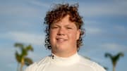 (#43) Breck Kolojay, OL, 6'6, 317 pounds, for the white team, Class of 2026, during IMG's Academy Pro Day held at IMG's football field in Bradenton, FL on Thursday, Feb, 27, 2025.