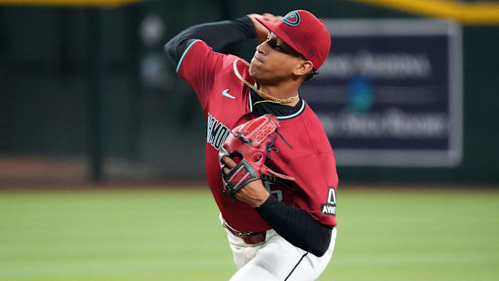 Jul 28, 2024; Phoenix, Arizona, USA; Arizona Diamondbacks pitcher Yilber Diaz (45) pitches against the Pittsburgh Pirates during the first inning at Chase Field. Mandatory Credit: Joe Camporeale-Imagn Images