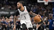 Mar 31, 2025; Dallas, Texas, USA; Brooklyn Nets guard D'Angelo Russell (1) in action during the game between the Dallas Mavericks and the Brooklyn Nets at the American Airlines Center. Mandatory Credit: Jerome Miron-Imagn Images