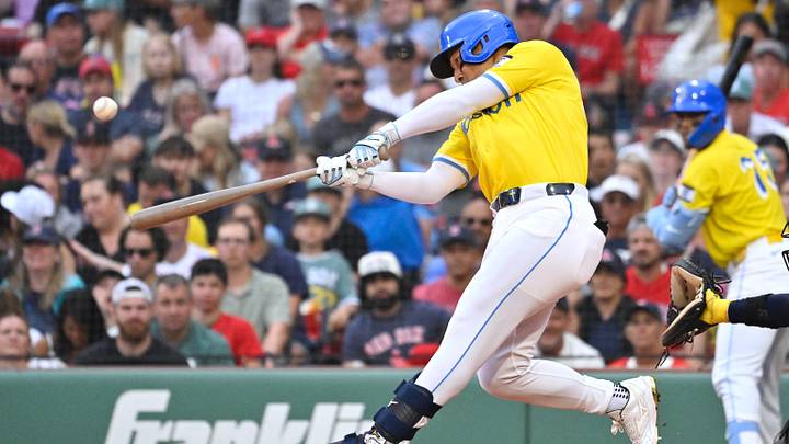 Jul 18, 2026; Boston, Massachusetts, USA; Boston Red Sox left fielder Jahmai Jones (37) hits a two run home run against the Tampa Bay Rays during the second inning at Fenway Park. Mandatory Credit: Eric Canha-Imagn Images