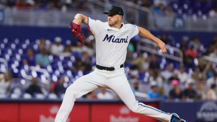 Jul 3, 2024; Miami, Florida, USA; Miami Marlins starting pitcher Trevor Rogers (28) delivers a pitch against the Boston Red Sox during the first inning at loanDepot Park. Mandatory Credit: Sam Navarro-USA TODAY Sports