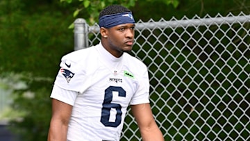 Jun 9, 2025; Foxborough, MA, USA; New England Patriots wide receiver Javon Baker (6) walks to the practice fields at Gillette Stadium. Mandatory Credit: Eric Canha-Imagn Images