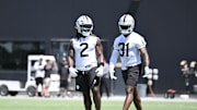 Jun 10, 2025; Henderson, NV, USA; Las Vegas Raiders running back Ashton Jeanty (2) and running back Raheem Mostert (31) between drills during Las Vegas Raiders Minicamp at Intermountain Health Performance Center. Mandatory Credit: Candice Ward-Imagn Images