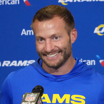 Oct 19, 2025; London, United Kingdom; Los Angeles Rams head coach Sean McVay at a press conference after a NFL International Series game against the Jacksonville Jaguars at Wembley Stadium. Mandatory Credit: Kirby Lee-Imagn Images