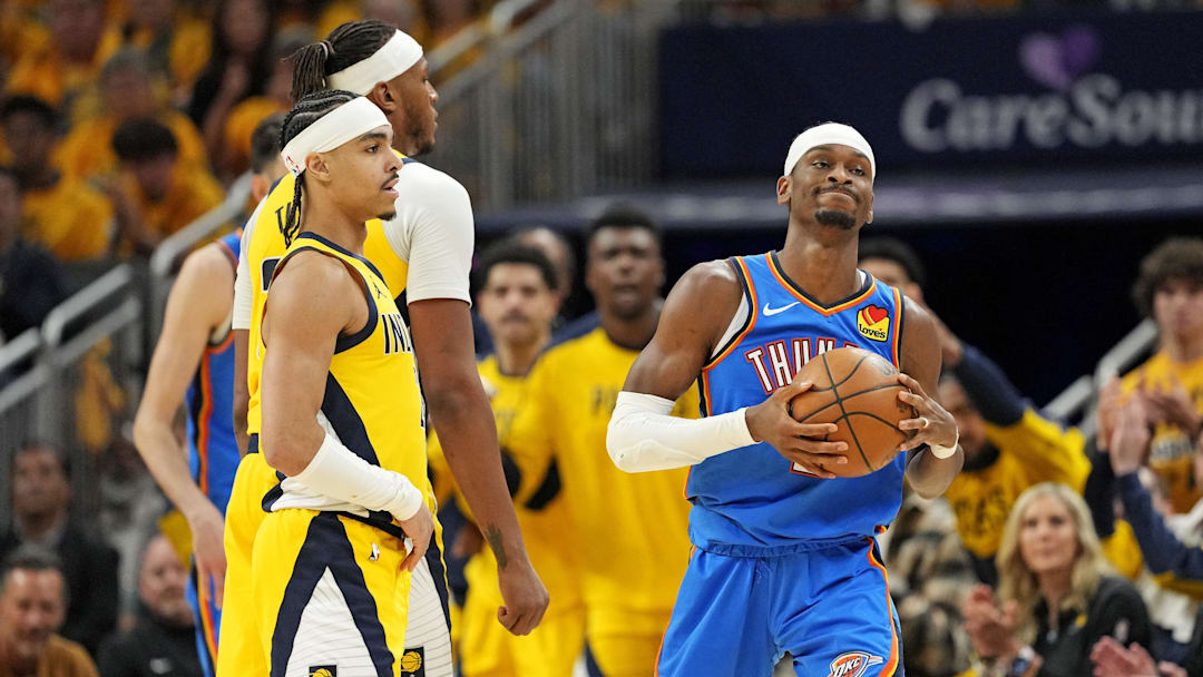 Jun 11, 2025; Indianapolis, Indiana, USA; Oklahoma City Thunder guard Shai Gilgeous-Alexander (2) reacts during the third quarter of the game against the Indiana Pacers in game three of the 2025 NBA Finals at Gainbridge Fieldhouse. Mandatory Credit: Kyle Terada-Imagn Images