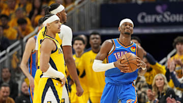 Jun 11, 2025; Indianapolis, Indiana, USA; Oklahoma City Thunder guard Shai Gilgeous-Alexander (2) reacts during the third quarter of the game against the Indiana Pacers in game three of the 2025 NBA Finals at Gainbridge Fieldhouse. Mandatory Credit: Kyle Terada-Imagn Images