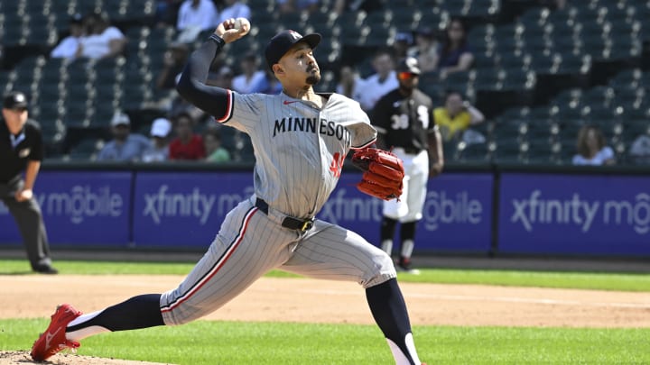 Minnesota Twins pitcher Pablo Lopez (49) delivers against the Chicago White Sox during the first inning at Guaranteed Rate Field in Chicago on July 10, 2024.