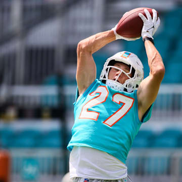 Miami Dolphins cornerback Ethan Bonner (27) catches the football during mandatory minicamp at Baptist Health Training Complex.