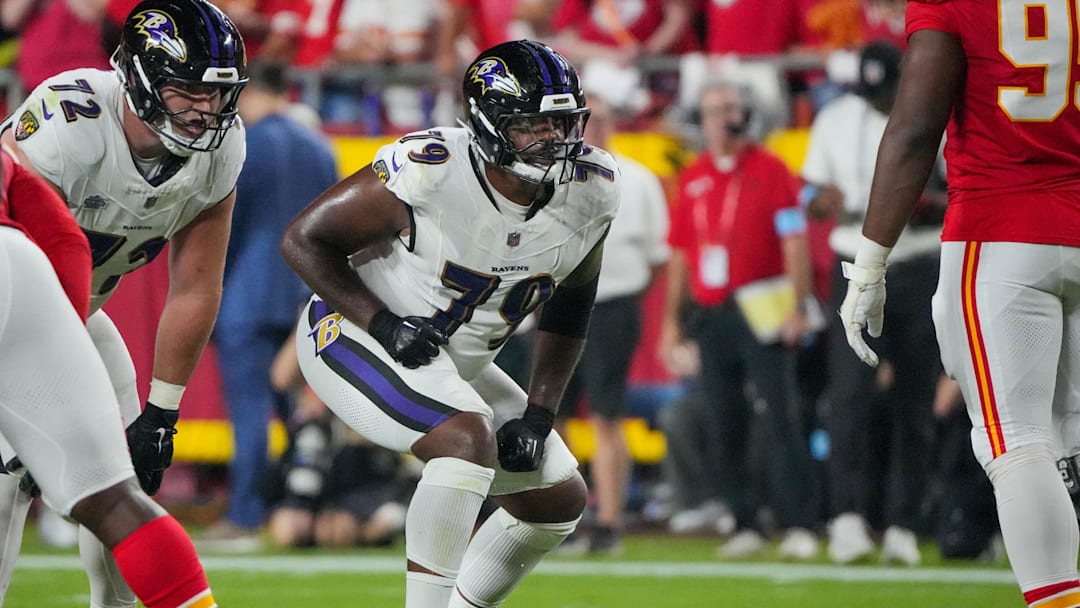 Sep 5, 2024; Kansas City, Missouri, USA; Baltimore Ravens offensive tackle Ronnie Stanley (79) at the line of scrimmage against the Kansas City Chiefs during the game at GEHA Field at Arrowhead Stadium. Mandatory Credit: Denny Medley-Imagn Images