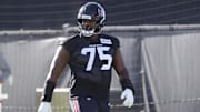 Jul 23, 2025; Houston, TX, USA;  Houston Texans guard Laken Tomlinson (75) during training camp at Houston Methodist Training Center. Mandatory Credit: Troy Taormina-Imagn Images